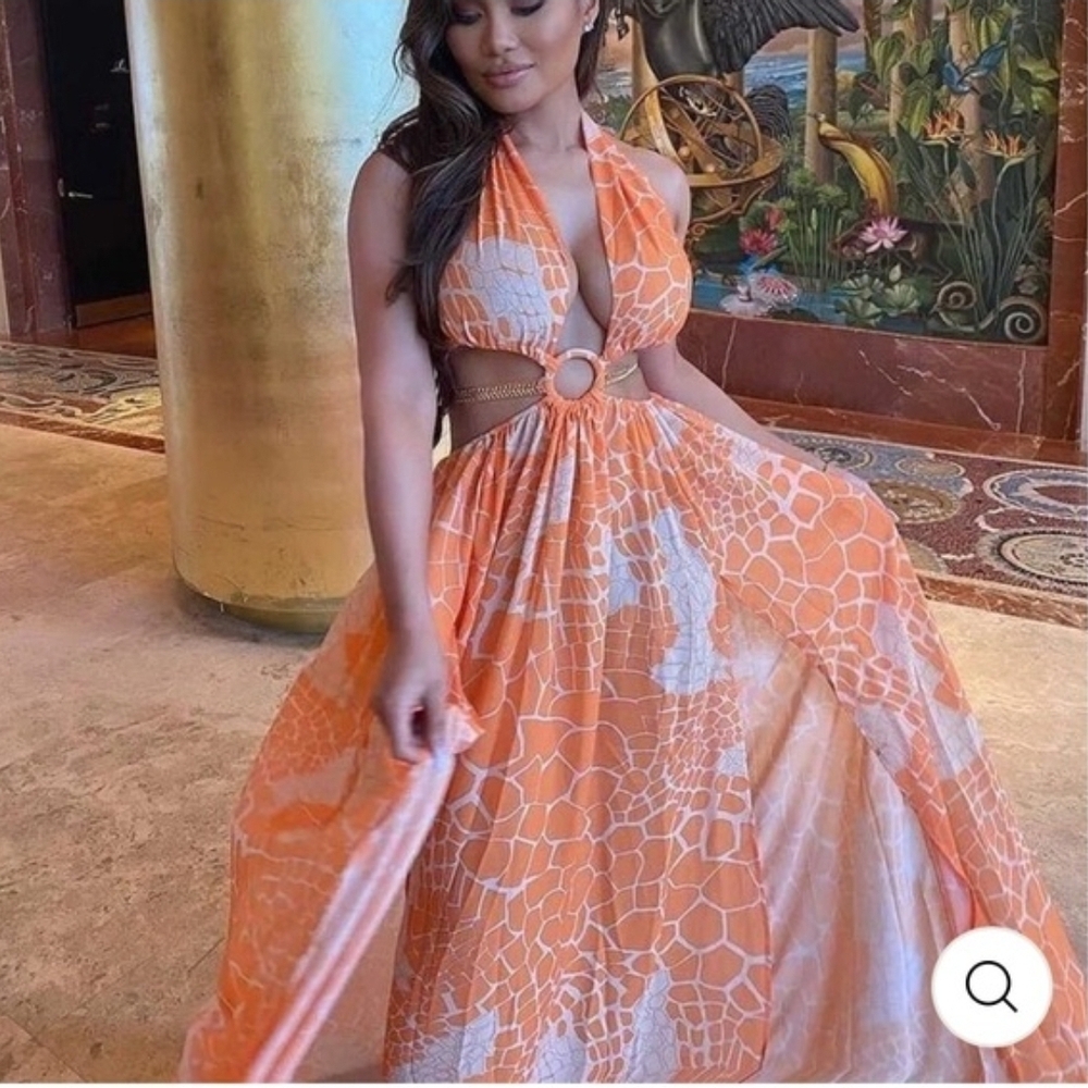 Vibrant Orange Halter Luxxe Maxi Cut - Out Dress With Side Slits (LG Petite) - Picture 6 of 11